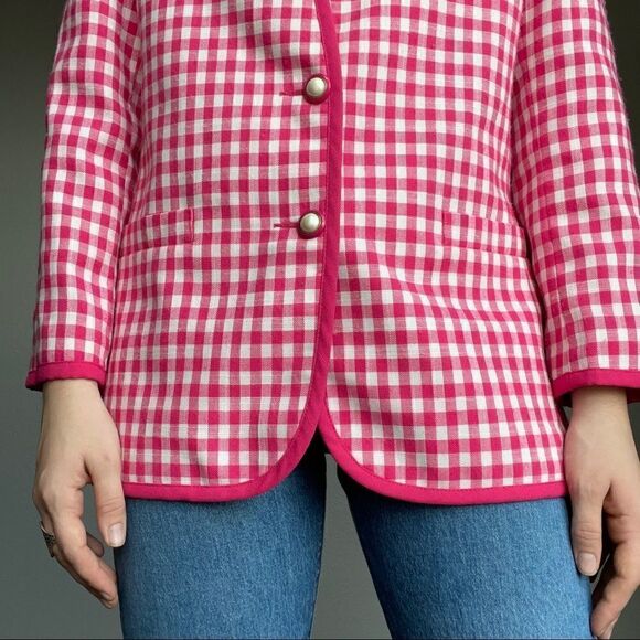 Vintage 80s Pink White Cotton Checkered Preppy Plaid Oversized Blazer Sz M - Picture 7 of 12